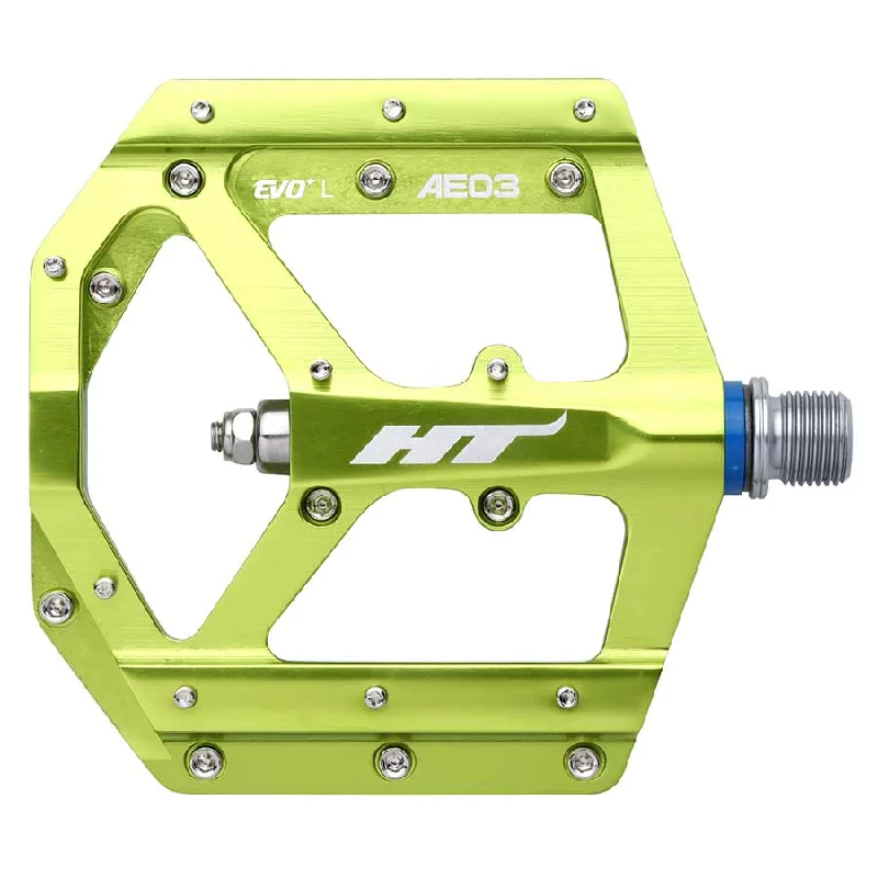 HT Components AE03 EVO+ Platform Pedals Body: Aluminum Spindle: Cr-Mo 9/16 Green Pair